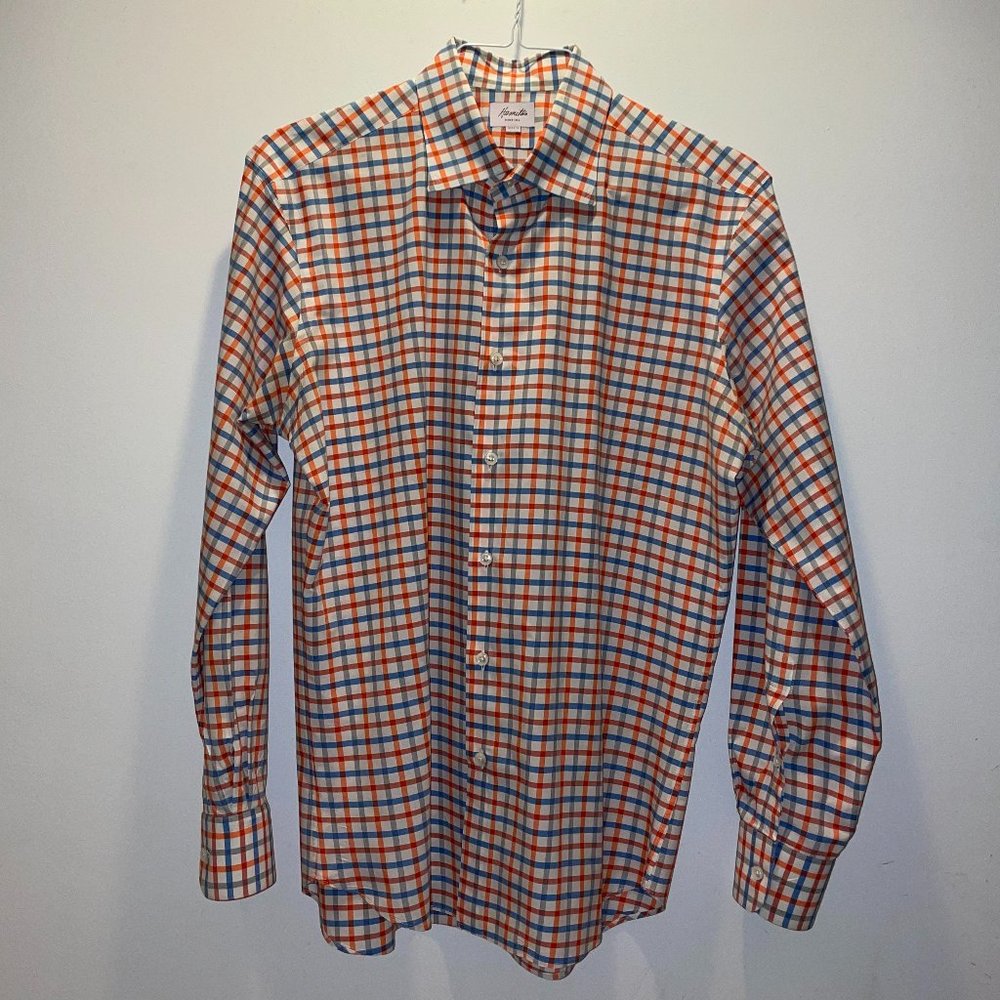 Hamilton Men's Button Down Dress Shirt Checkered Gingham Orange Blue